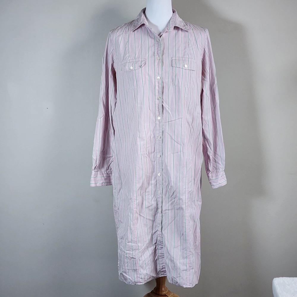 Lands End Shirt Dress Womens 8 Pink Striped Long Sleeve Cotton Preppy Candy Maxi